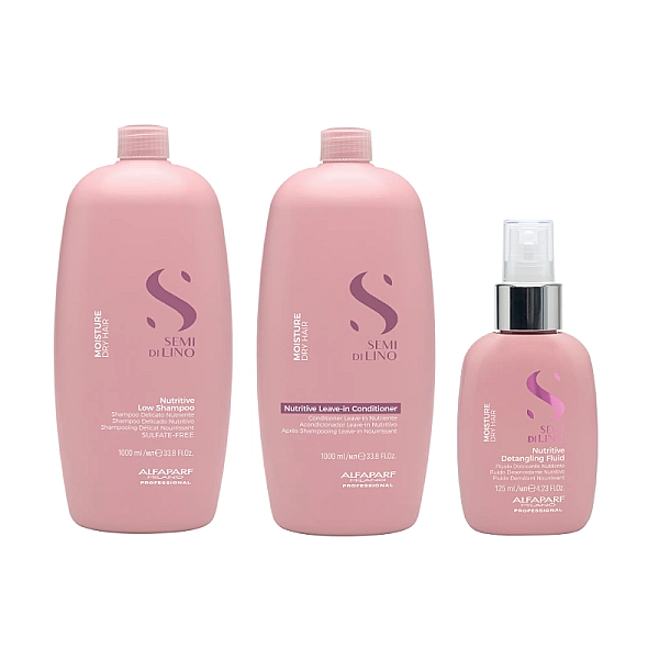 Pachet hidratant par uscat alfaparf semi di lino  - sampon 1000ml, balsam 1000ml, fluid 125ml