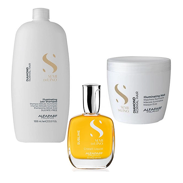 Pachet de stralucire  par normal alfaparf semi di lino - sampon 1000ml, masca 500ml, ser 50ml