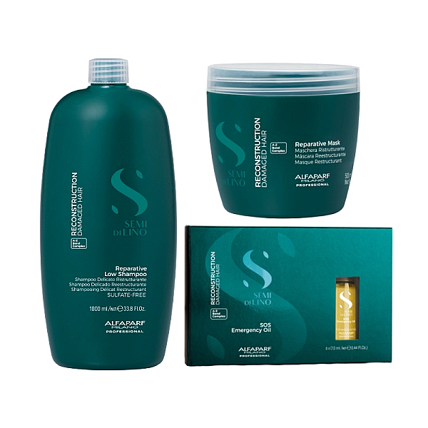 Pachet reparator par deteriorat alfaparf semi di lino - sampon 1000ml, masca 500ml, tratament 6x13ml