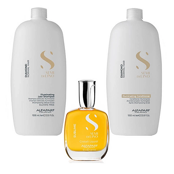 Pachet de stralucire par normal alfaparf semi di lino - sampon 1000ml, balsam 1000ml, ser 50ml