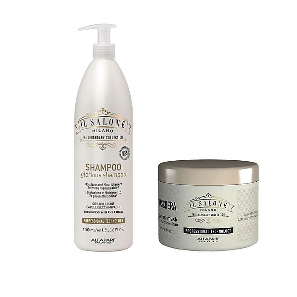 Pachet par uscat sau degradat il salone alfaparf - sampon glorious 1000ml, masca supreme 500ml