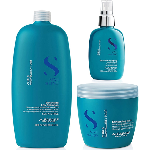 Pachet par cret sau ondulat semi di lino curls - sampon 1000ml, masca 500ml, spray 125ml