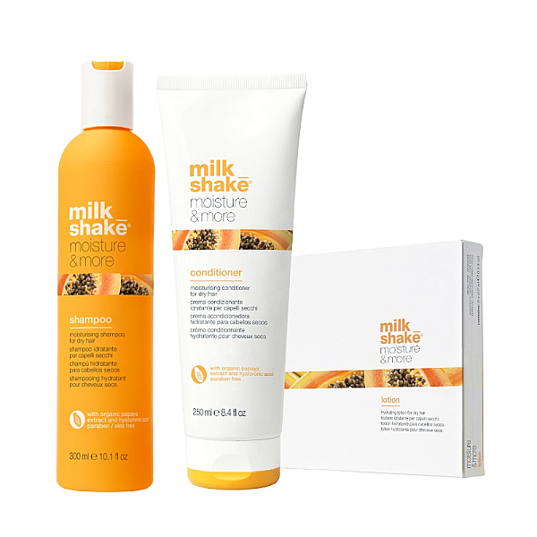 Pachet pentru par uscat moisture & more - sampon 300ml, balsam 250ml, fiole 6x12ml