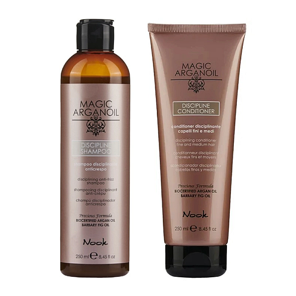 Pachet mic pentru netezirea parului magic argan oil discipline, sampon 250 ml, balsam 250 ml