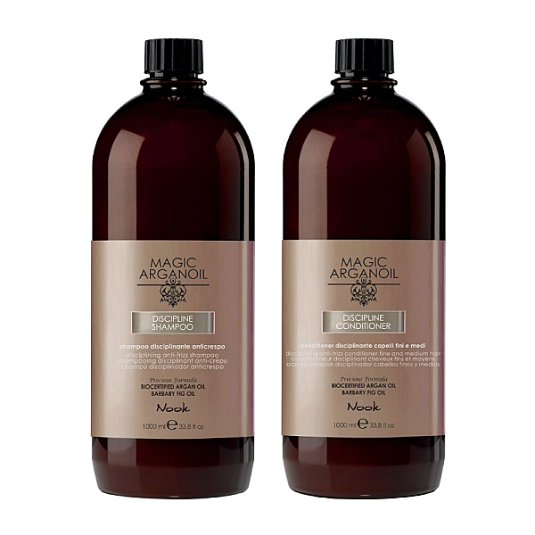 Pachet mare pentru netezirea parului magic argan oil discipline, sampon 1000 ml, balsam 1000 ml
