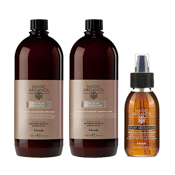 Pachet netezire magic argan oil discipline, sampon 1000 ml, balsam 1000 ml, ulei de argan 100 ml