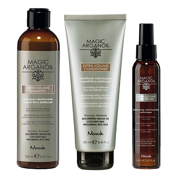 Pachet extra volum magic argan oil sampon 250 ml, balsam 250 ml, lapte de par 150 ml 