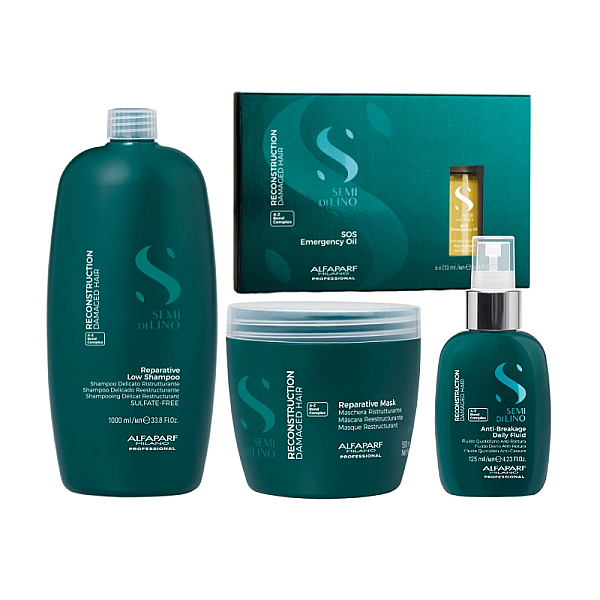 Pachet reconstructie semi di lino - sampon 1000ml, masca 500ml, fluid 125ml, serum sos 6x13ml