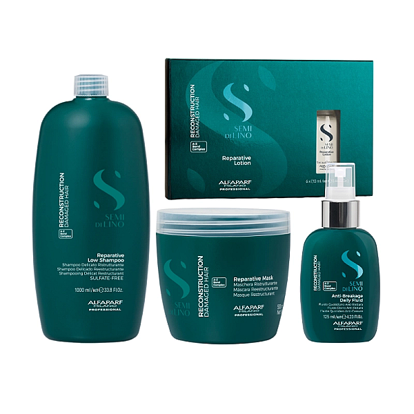 Pachet reconstructie semi di lino sampon 1000ml, masca 500ml, fluid 125ml, lotiune tratament 6x13ml