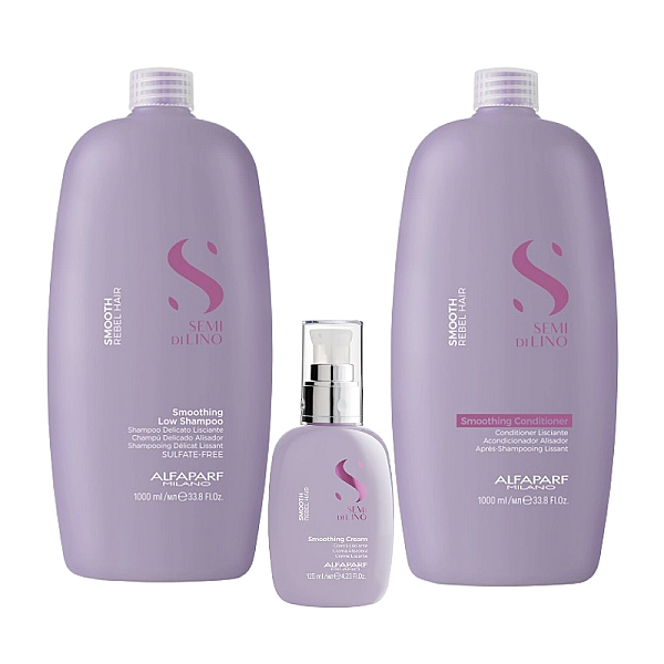 Pachet pentru netezire smoothing semi di lino - sampon 1000ml, balsam 1000ml, tratament 125ml