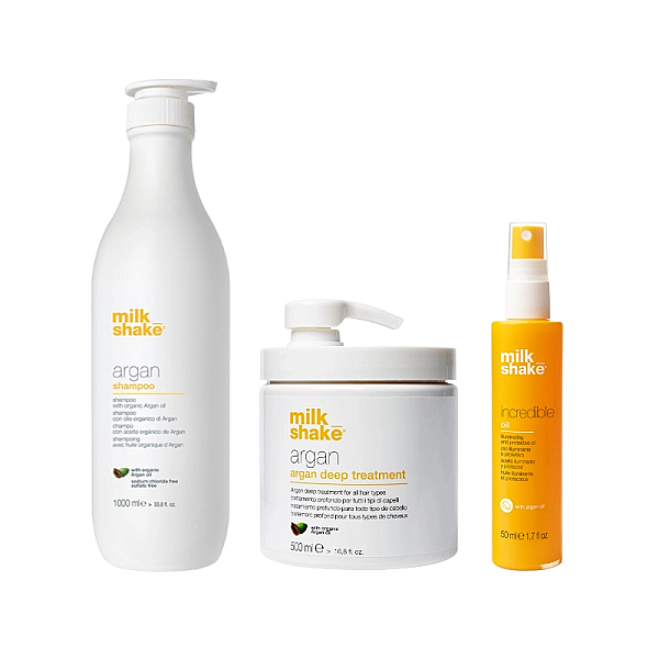 Pachet pentru toate tipurile de par - sampon argan 1000 ml, tratament deep 500 ml, ulei 50ml