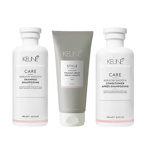 Pachet pentru netezire keratin smooth - sampon 300ml, balsam 250ml, crema anti frizz straight 200ml