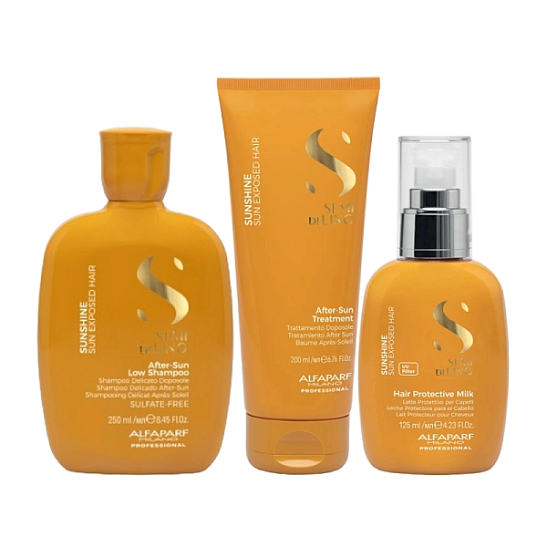 Pachet pentru parul expus la soare semi di lino sunshine - sampon 250ml, balsam 200ml, fluid 125ml