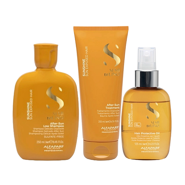 Pachet pentru parul expus la soare semi di lino - sampon 250ml, balsam 200ml, ulei bifazic 125ml