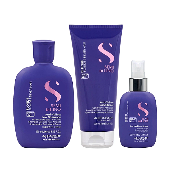 Pachet pentru par blond semi di lino anti-yellow - sampon 250ml, balsam 200ml, spray 125ml