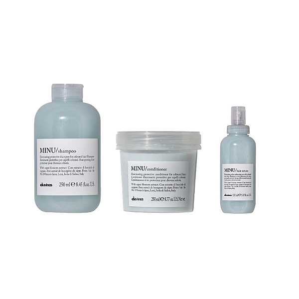 Set de stralucire pentru parul vopsit minu - sampon 250ml, balsam 250ml, serum leave-in 150ml