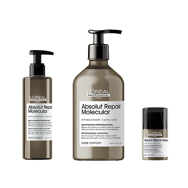 Pachet par deteriorat expert absolut repair molecular-sampon 500ml,  ser 250ml, crema leave-in 50ml