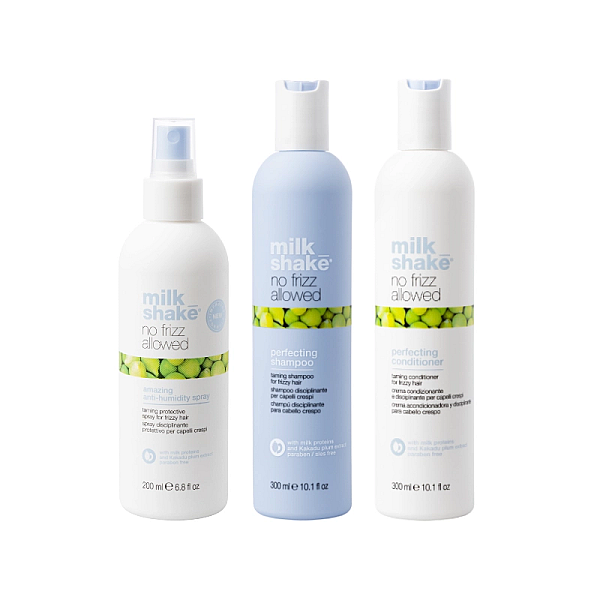 Pachet pentru netezirea parului no frizz allowed - sampon 300ml, balsam 300ml, spray 200ml