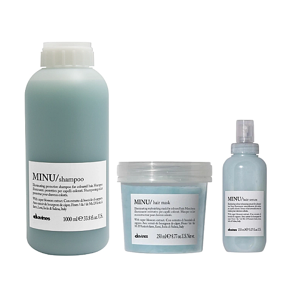 Set de stralucire pentru parul vopsit minu - sampon 1000ml, masca 250ml, serum leave-in 150ml