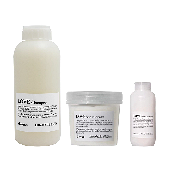Set pentru ingrijirea parului cret sau ondulat love curl - sampon 1000ml, balsam 250ml, crema 150ml