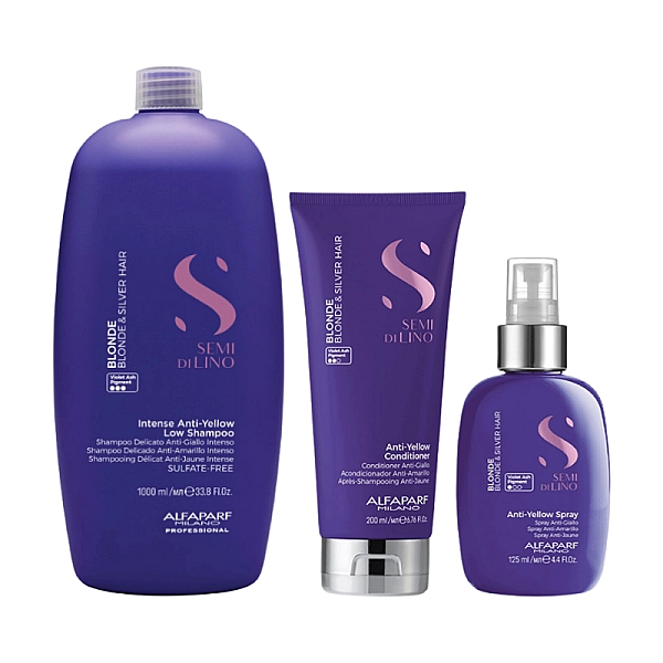 Pachet pentru par blond semi di lino anti-yellow - sampon 1000ml, balsam 200ml, spray 125ml