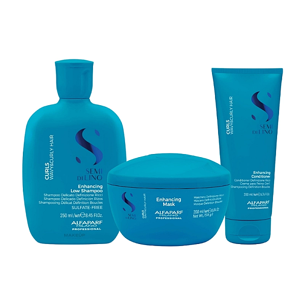 Pachet par cret sau ondulat semi di lino curls - sampon 250ml, balsam 200ml, masca 200ml