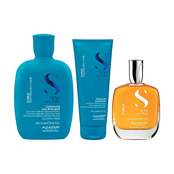 Pachet par cret sau ondulat semi di lino curls - sampon 250ml, balsam 200ml, ulei 100ml