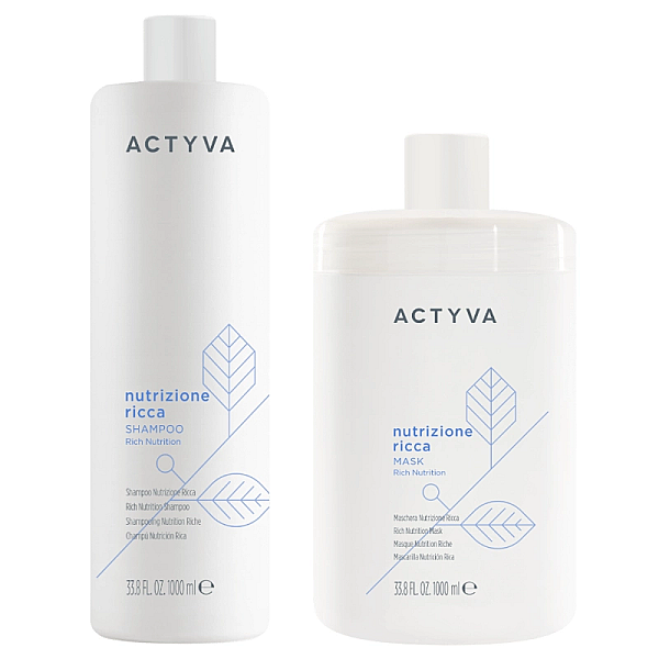 Pachet hidratant pentru par foarte uscat new actyva nutrizione ricca - sampon 1000ml, masca 1000ml