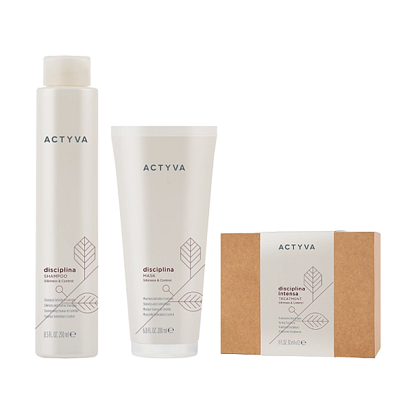 Pachet pentru par indisciplinat new actyva disciplina - sampon 250ml, masca 200ml, fiole 12x30ml
