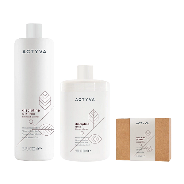 Pachet pentru par indisciplinat new actyva disciplina - sampon 1000ml, masca 1000ml, fiole 12x30ml
