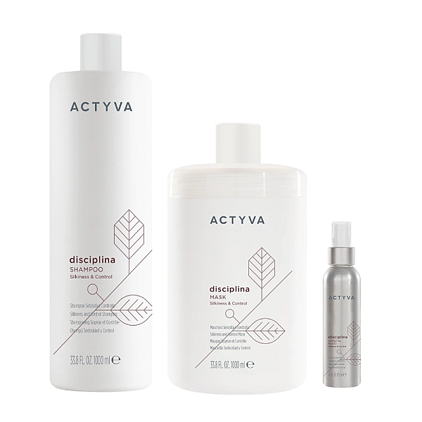 Pachet pentru par indisciplinat new actyva disciplina - sampon 1000ml, masca 1000ml, tratament 125ml