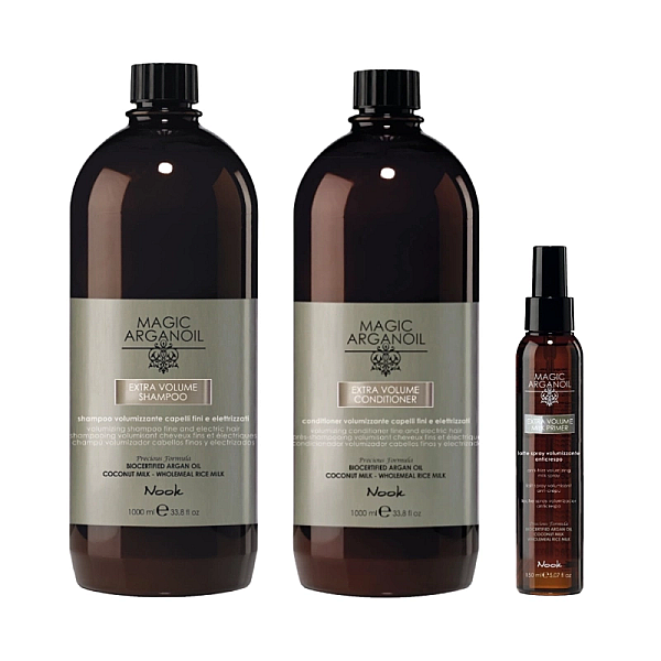 Pachet restructurare extra volum magic argan oil - sampon 1000ml, balsam 1000ml, lapte de par 150ml