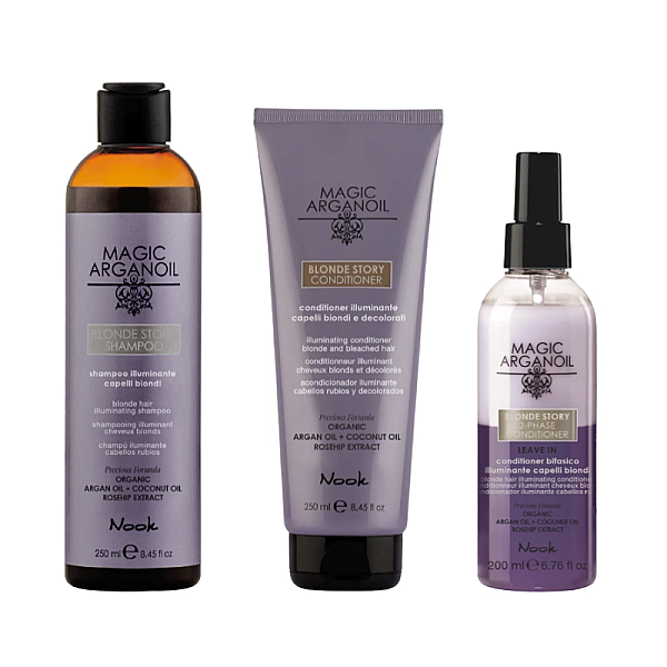 Pachet par blond blonde story magic argan oil - sampon 250ml, balsam 250ml, balsam leave-in 200ml