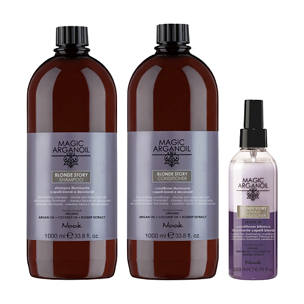 Pachet par blond blonde story magic argan oil - sampon 1000ml, balsam 1000ml, balsam leave-in 200ml