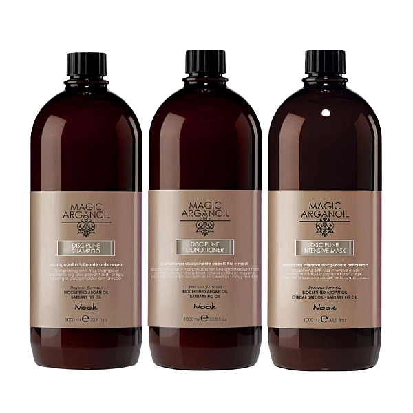 Pachet netezire si hidratare discipline magic argan oil - sampon 1000ml, balsam 1000ml, masca 1000ml