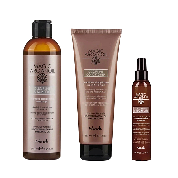 Pachet netezire si hidratare discipline magic argan oil - sampon 250ml, balsam 250ml, spray 150ml