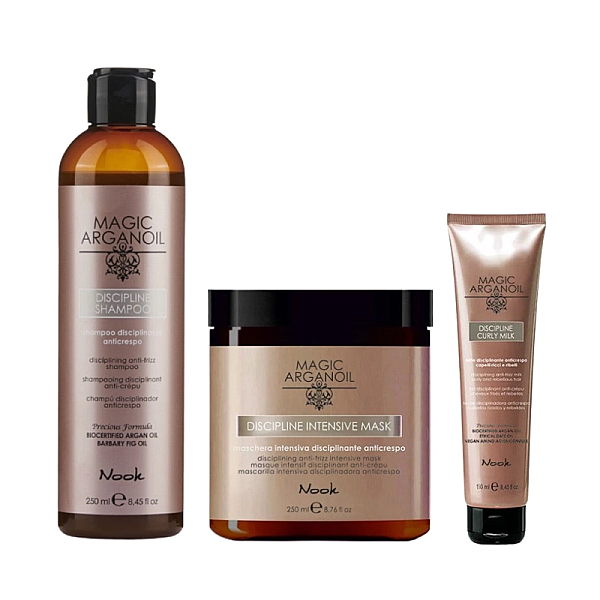 Pachet netezire si hidratare discipline magic argan oil - sampon 250ml, masca 250ml, lapte 150ml